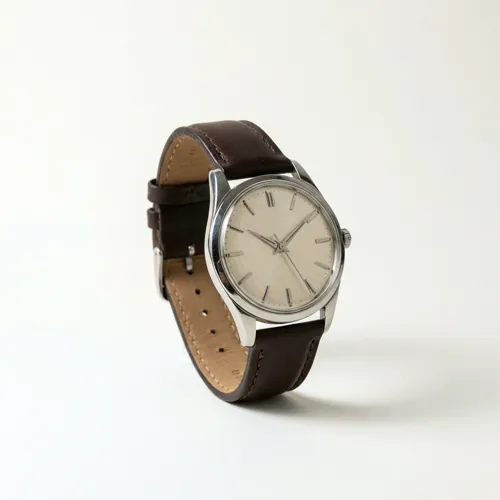 A steel wristwatch with a cream dial and a dark brown leather strap