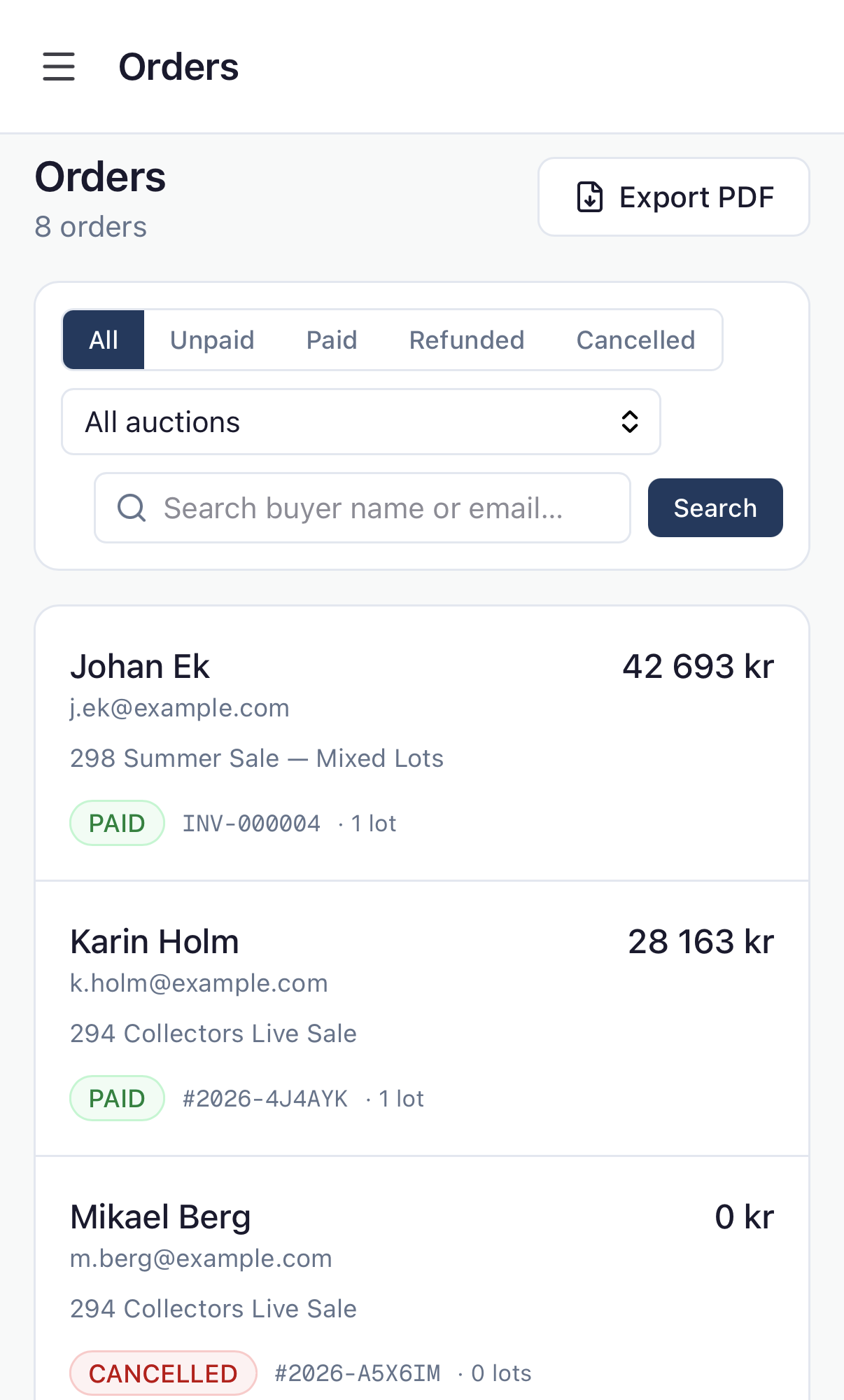 Orders: invoice numbers, buyers, totals and payment status